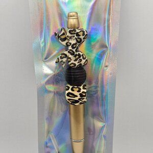 Gold Beaded Pen w/ Leopard Print Bow / Spare Ink Cartridge - Handmade